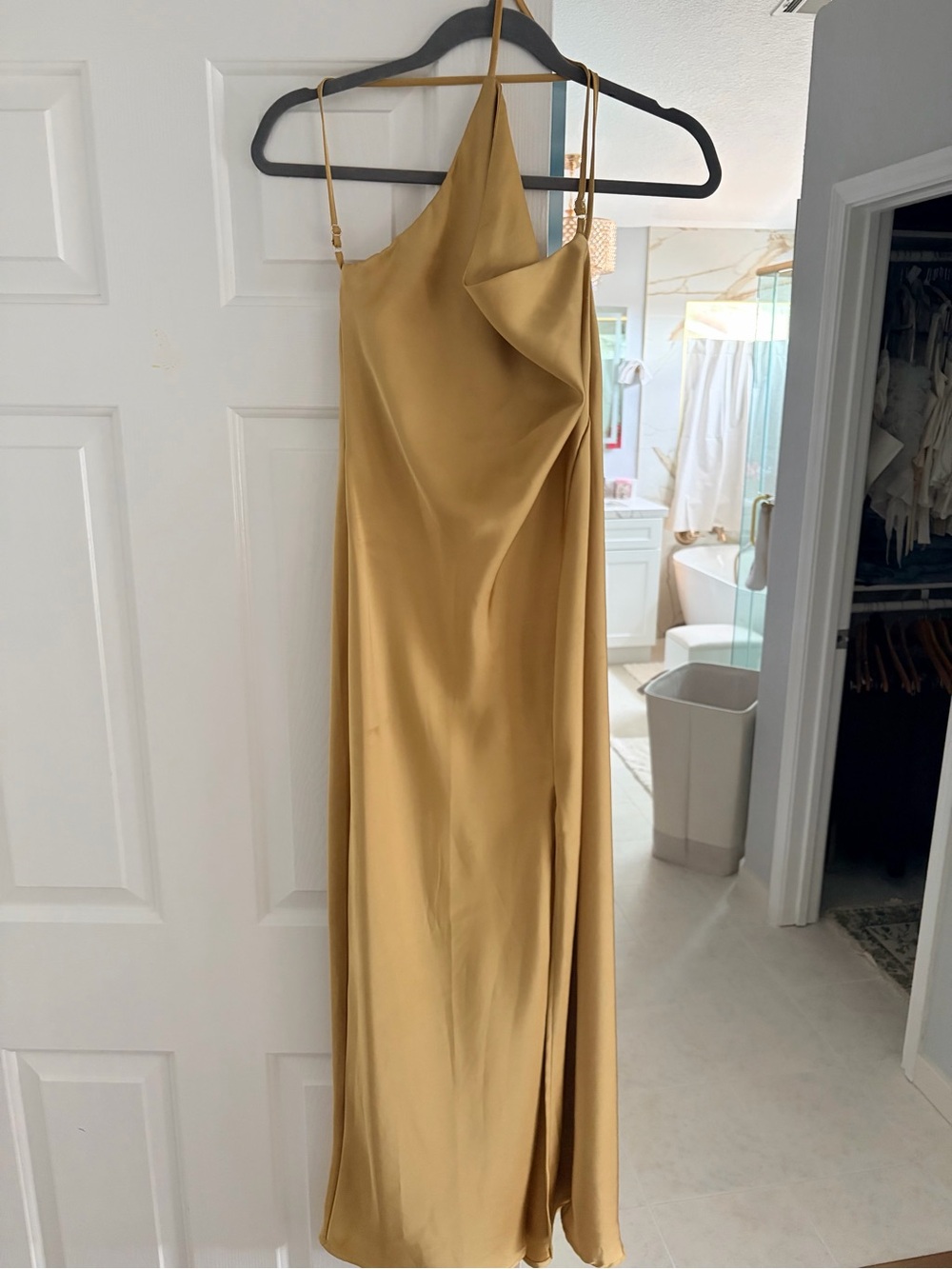 Avantlook One-Shoulder Satin Slip Dress in Mustard